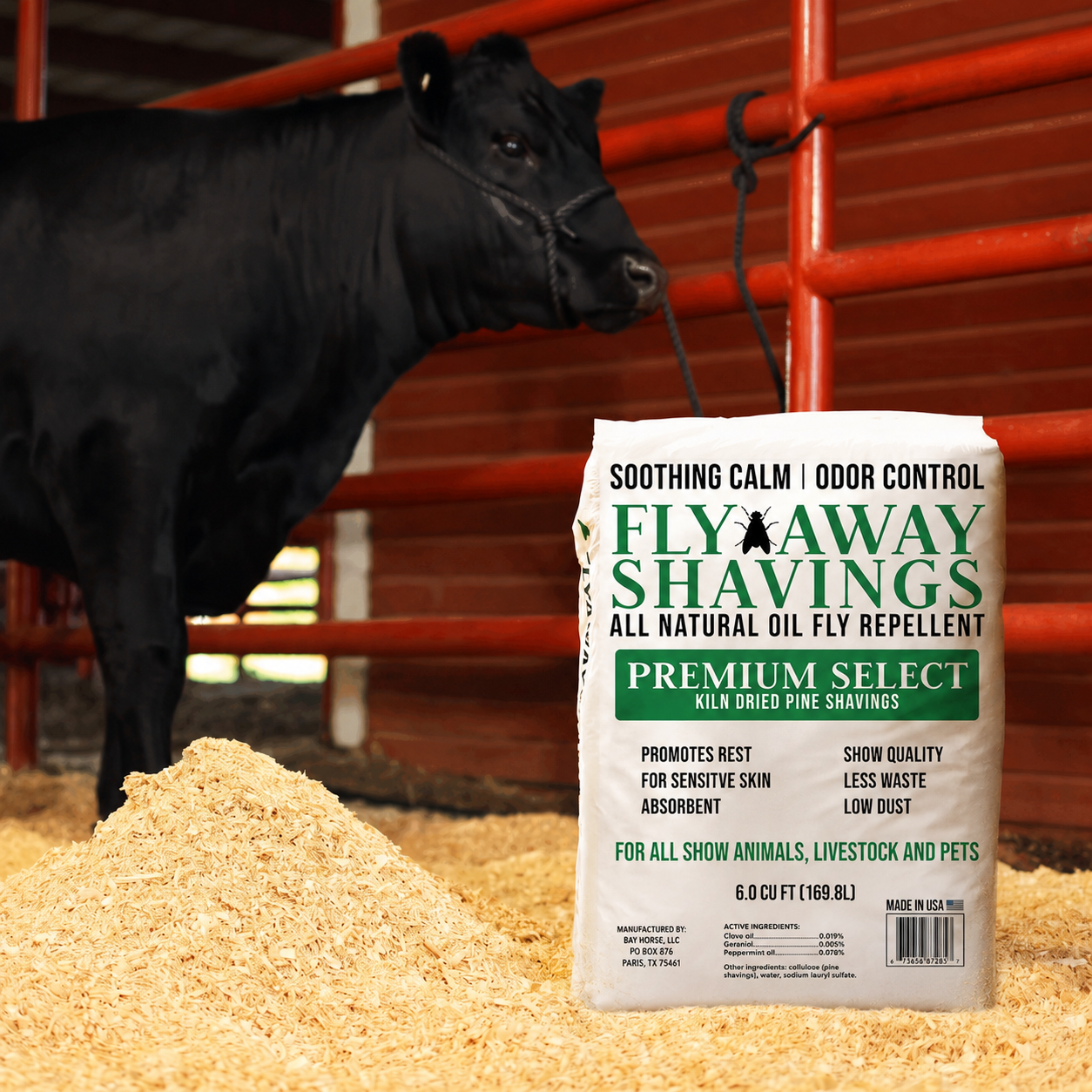 Black cow in a barn standing beside a bag of Fly Away Shavings livestock bedding and fly repellent