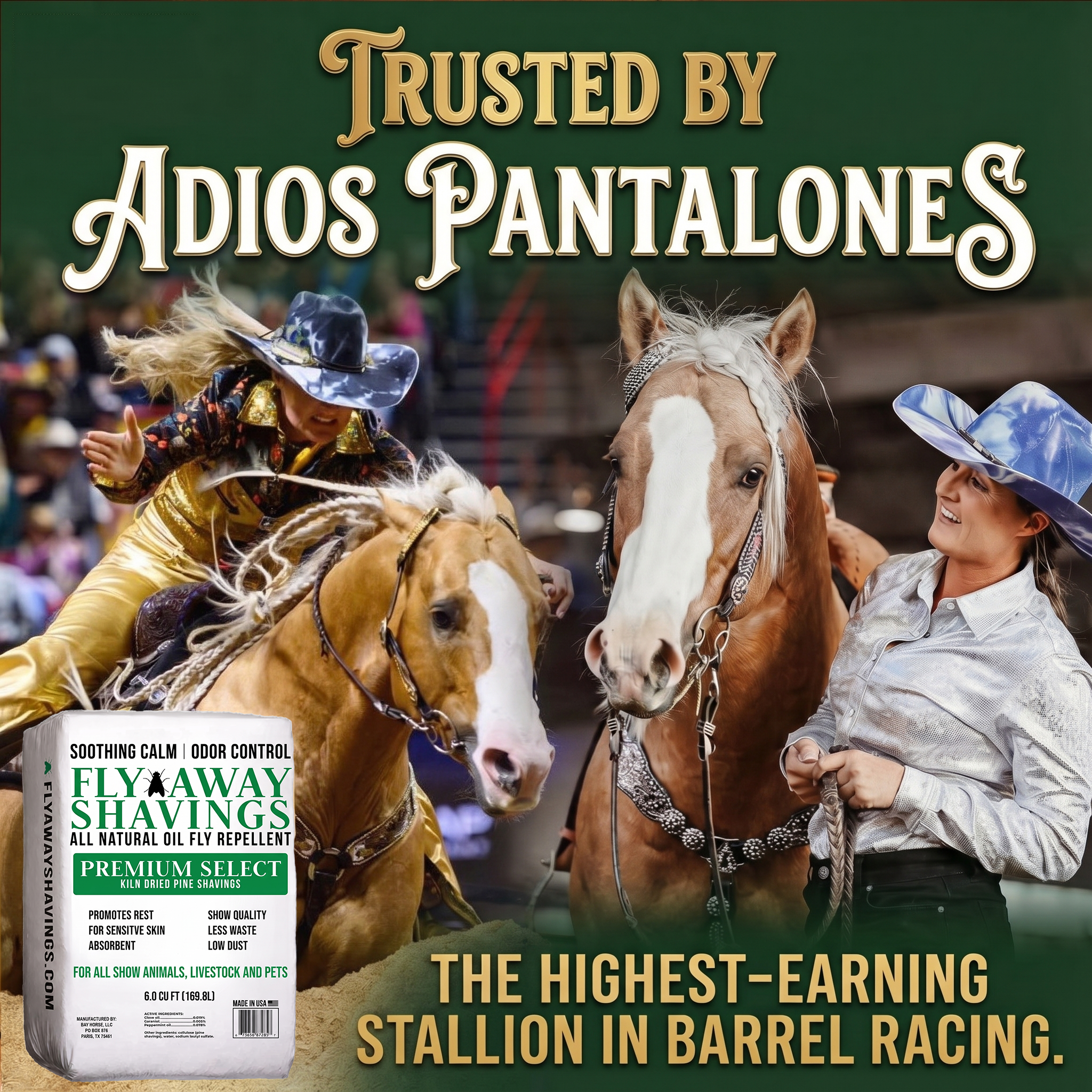 Promotional banner with riders on horses and a Fly Away Shavings bag in the foreground; bold text reads 'Trusted by Adios Pantalones' and 'The Highest-Earning Stallion in Barrel Racing.'